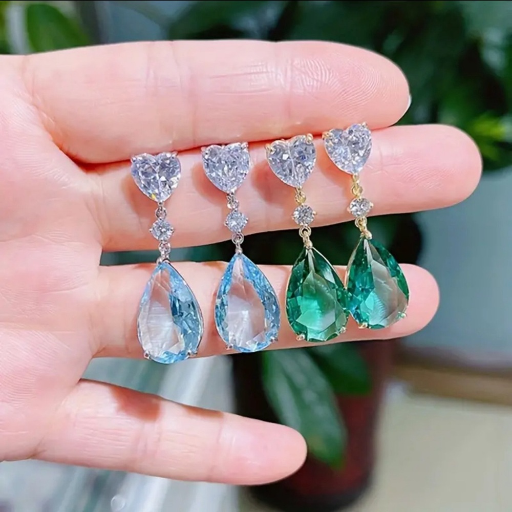 Aquamarine Heart Earrings Cubic Zirconia Teardrop Luxury Bridal Hypoallergenic - Picture 4 of 6